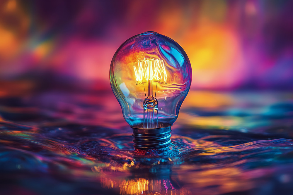 Colorful light bulb with vibrant smoke effect illuminating dark space